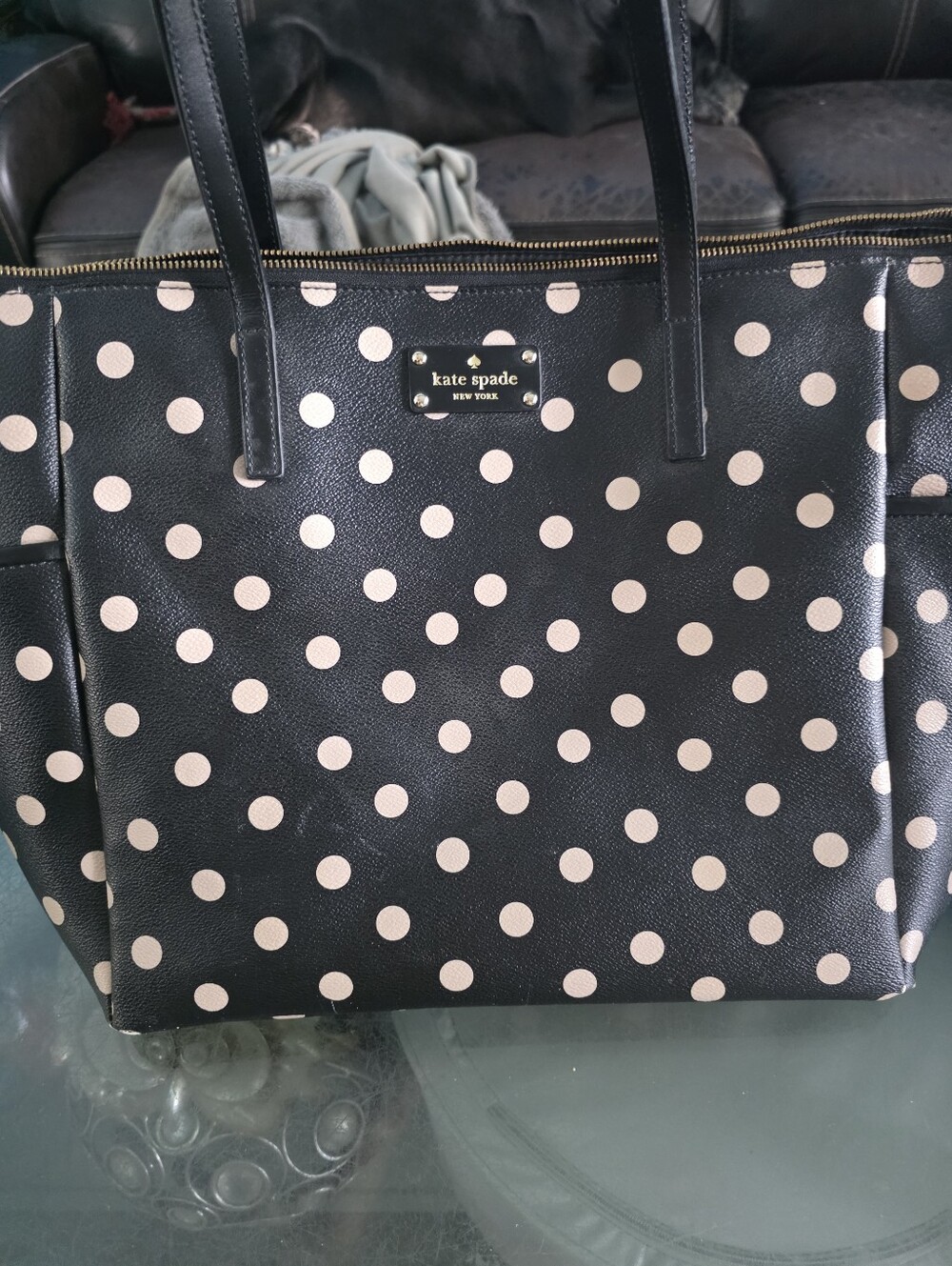 kate spade Black Tote with Cream Polka Dots